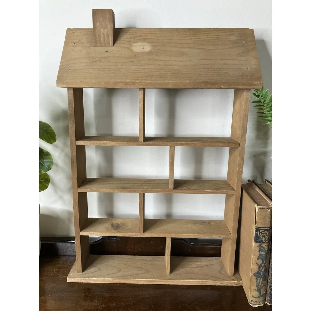 Vintage Wooden Trinket Shelf House Shaped Knick Knack Miniatures Display Cottage